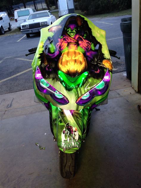 Green goblin | Custom motorcycle helmets, Custom sport bikes, Harley bikes