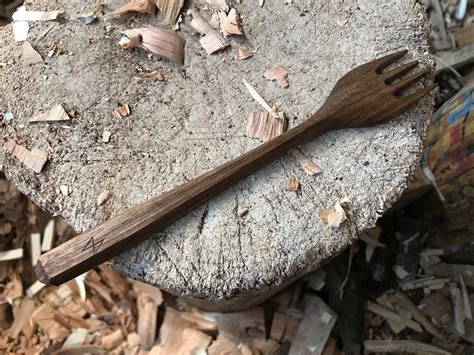 Wooden eating fork, hand carved, carved by the large apprentice.