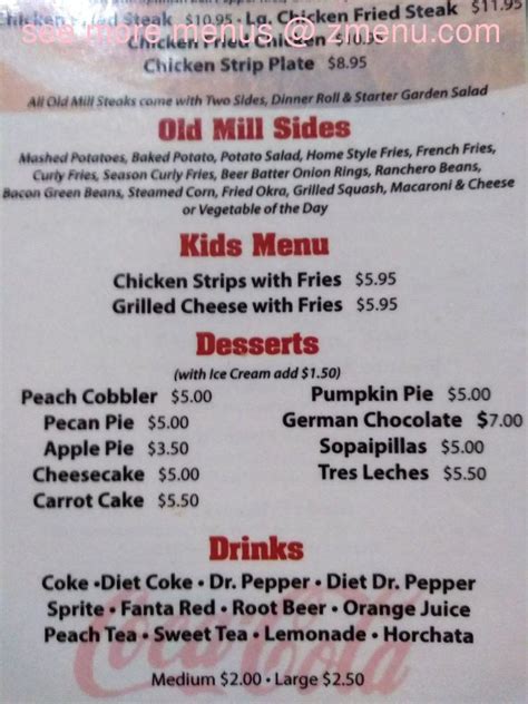 Menu at Old Mill Restaurant, Pecos