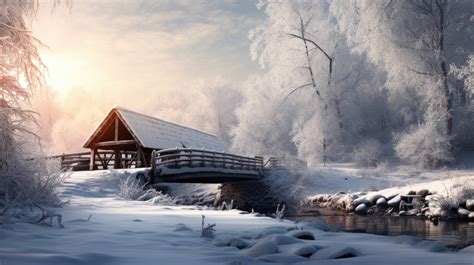 A desktop wallpaper of a snowy covered bridge