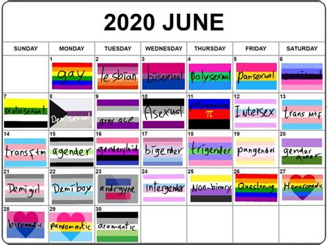 PRIDE MONTH CALENDAR 2020 in 2020 | Pride month calendar, Pride flags ...