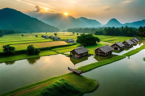 Premium AI Image | a village in the middle of rice fields