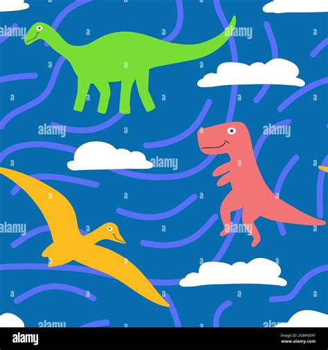 Kids dino pattern on abstact blue background with clouds. t rex, brontosaurus and Pterodactylus ...