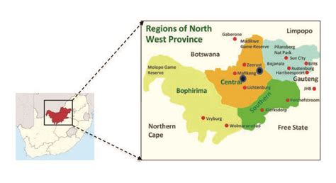 Map showing the North West Province and the sampling points depicted by ...