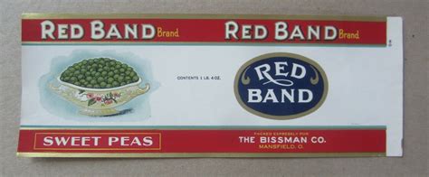 Old Vintage 1920's - RED BAND - Pea CAN LABEL - Bissman Co. - Mansfield OHIO