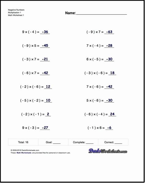 Multiplying Negative Numbers Worksheet