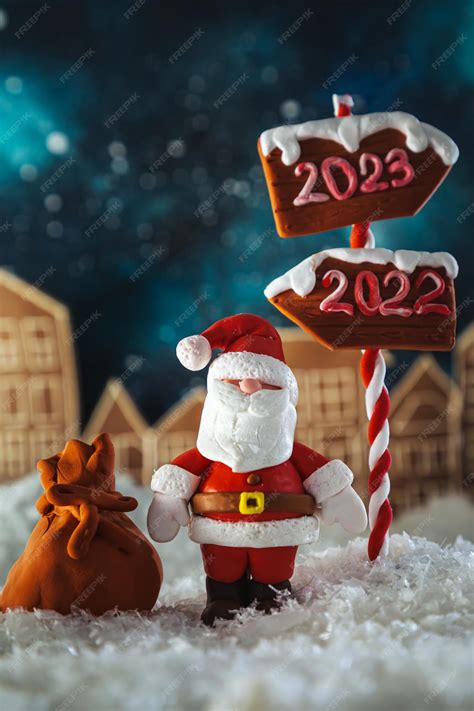 Premium Photo | Santa claus is standing near the signpost 2023 in a ...