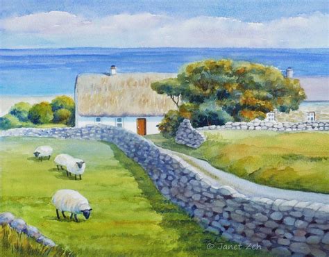 Original watercolor Ireland thatched cottage landscape painting by Janet Zeh | Watercolor ...