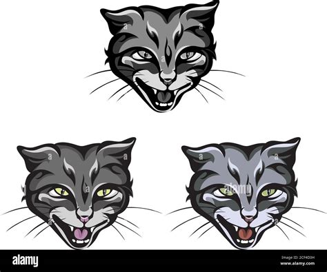 Cat, head, grin, teeth, muzzle, vector, illustration, set, white, black, isolated, simple, icon ...