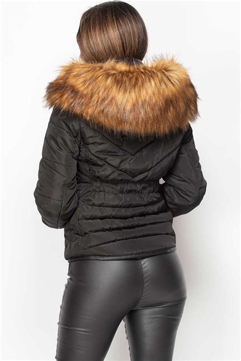 Womens Black Quilted Puffer Coat With Big Faux Fur Hood – Styledup.co.uk