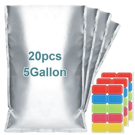 HRX 20pcs Perfect Size 5 GALLON Mylar Bags for Long Term Food Storage with Labels & Clips ...