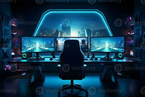 Gamer, programmer, hacker or trader room with multiple computer monitors on desk gaming setup ...