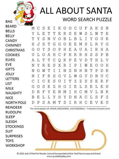 a printable christmas word search with santa's sleigh