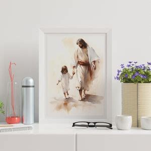 Jesus and Child Walking Poster Watercolor Spiritual Road Print Christian Art Hand in Hand With ...