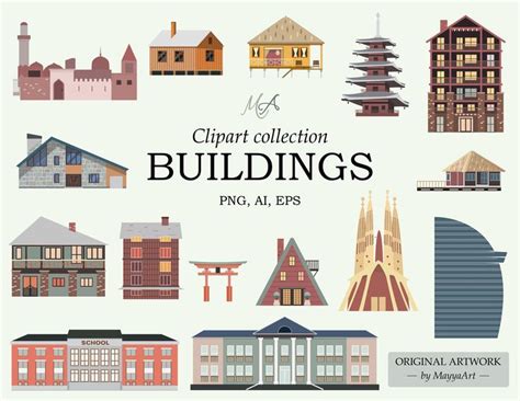 Buildings Clipart Set, Town Clip Art City Logo Png Hand Drawn Country House Digital PNG Vector ...