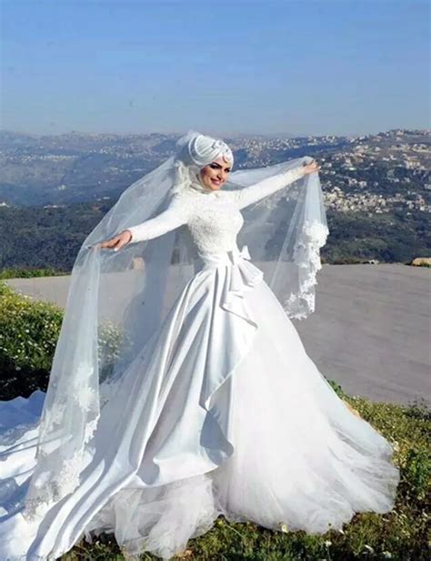 Elegant Islamic Wedding Dresses Ball Gown Full Sleeve With Hijab Arab ...