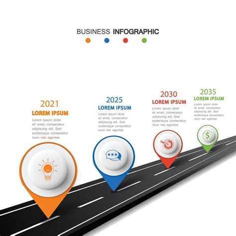 Vector road infographic with pin pointer. Timeline template with 4 markers on a curved road line ...