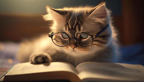 cat wearing glasses reading book with a light shining, Generative AI ...