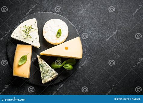 Cheese Platter with Craft Cheese Assortment at Black Background. Stock Image - Image of brie ...