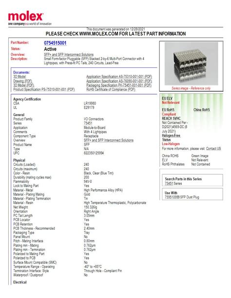 SFP Connectors I/O Connectors Datasheets – Mouser