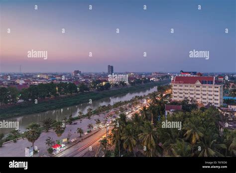 Cambodia, Battambang, elevated city view above Riverside Road, dusk Stock Photo - Alamy