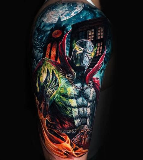 Realistic Spawn tattoo on the upper arm.