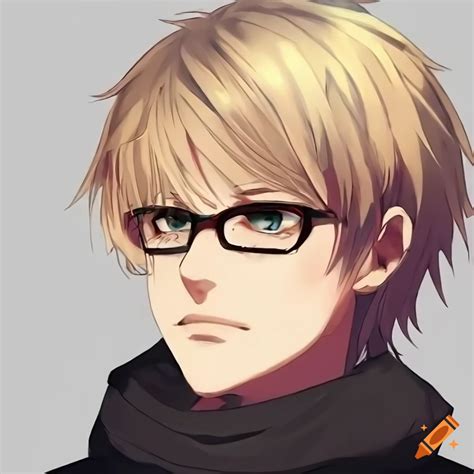 Anime guy with blonde hair, glasses, green eyes, in winter coat and ...