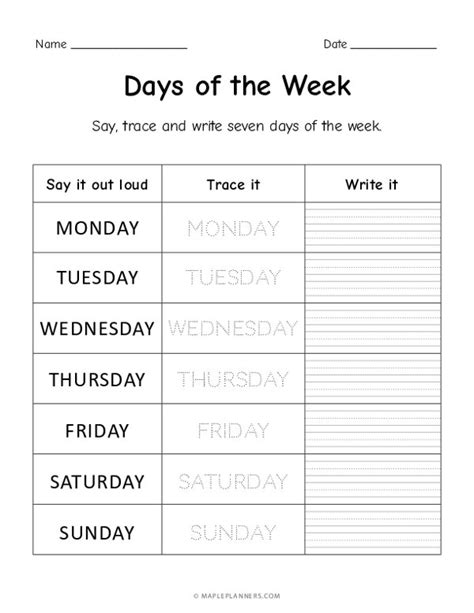 Days of the Week Worksheets - Trace and Write