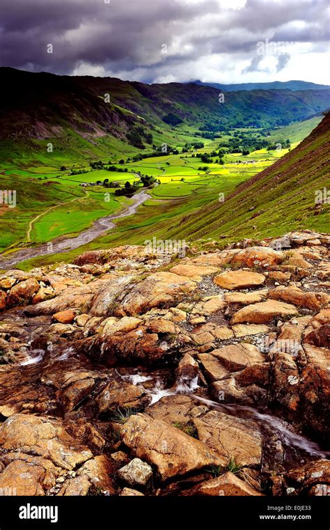 Sunshine on the Langdale Valley Stock Photo - Alamy