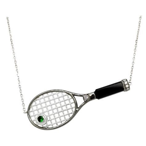 18K White Gold Tennis Racket Diamond Pendant Necklace with Mother of Pearl For Sale at 1stDibs