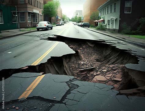 Earthquake cracked road street in city, damaged road surface after seismic activity in ...