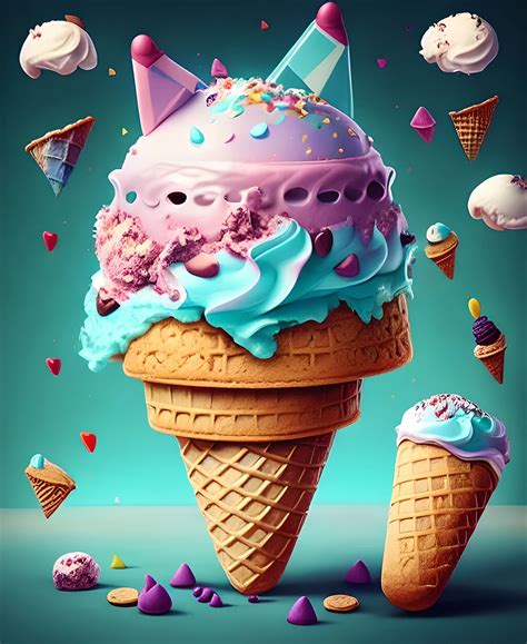 an ice cream cone with pink and blue toppings