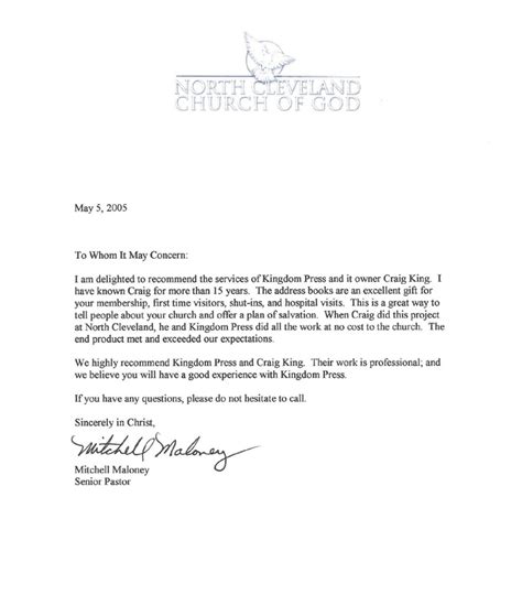 North Cleveland Church of God Testimonial Letter - CIBINFO