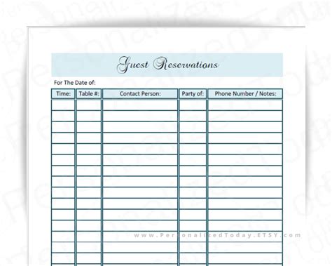 Printable Reservation Sheet Restaurant Guest List PDF for DIY - Etsy Canada