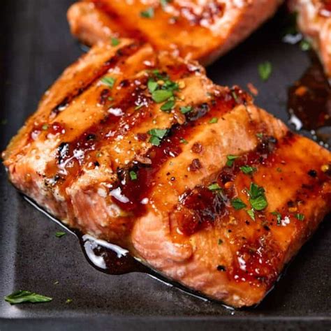 Grilled Sockeye Salmon recipe with Maple Ginger glaze - Garnish with Lemon