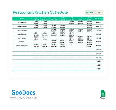 Simple Restaurant Kitchen Schedule Template In Google Sheets