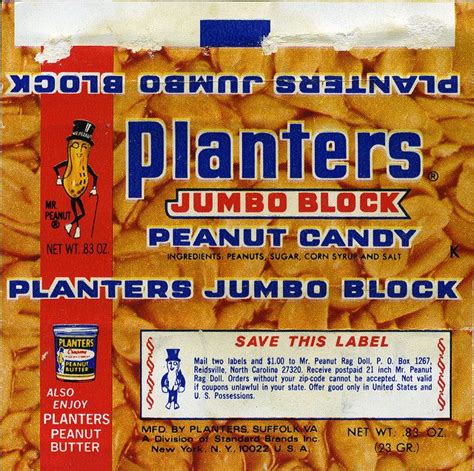 Planters - Jumbo Block peanut candy bar wrapper - 1970's | Peanut candy, Nostalgic candy, Retro ...