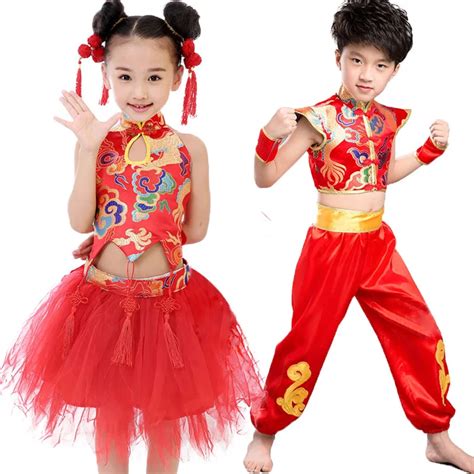 Girls Boys Size 110 140 Chinese New Year Dress Clothes Red Yellow Traditional -in Dresses from ...