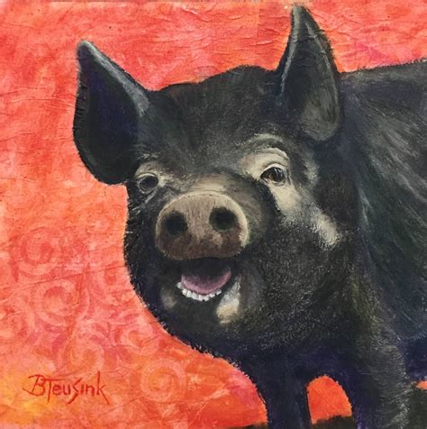 Original oil painting A portrait of an American Quinea Hog happily ...