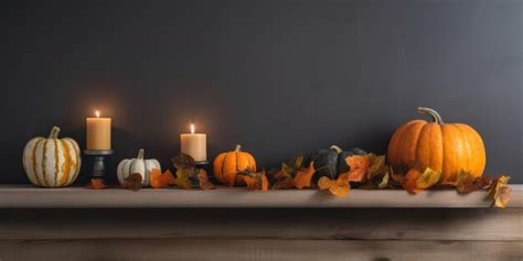 Premium AI Image | Row of pumpkins fall leaves and candles on wooden shelf on gray background