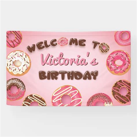 Pink Donuts Birthday Welcome Party Sign Banner Gender: unisex. Age Group: adult. Pink Donuts ...