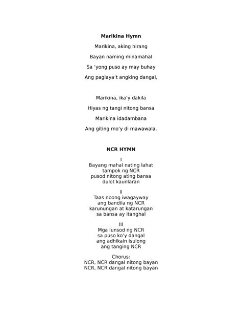 Song - Graduation song - Marikina Hymn Marikina, aking hirang Bayan naming minamahal Sa ‘yong ...