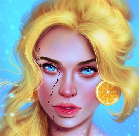 sandrawinther, yellow, face, blue, orange, luminos, blonde, lemon, fruit, HD wallpaper | Peakpx