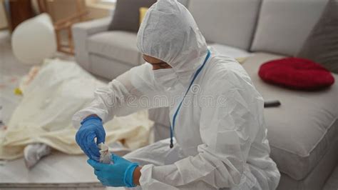 Man in Forensic Suit Collecting Evidence at Crime Scene in Living Room Stock Footage - Video of ...