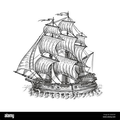 Vintage wooden ship with sails. Navigation sketch vector illustration ...