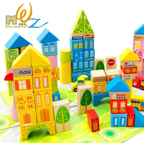 MWZ 62PCS City Traffic Block Wooden Kids Educatinal Toys For Children Colorful Building Blocks ...