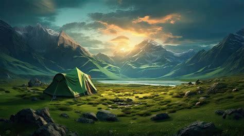 Premium Photo | Camping with green camps in the mountains sunset time