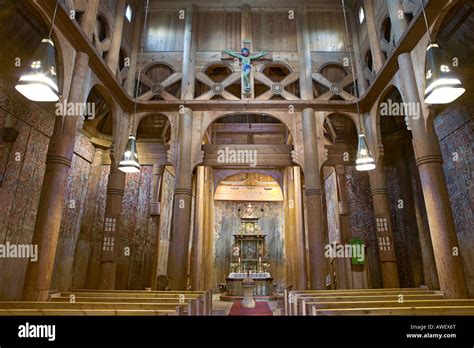 Interior view of Heddal Stave Church (Heddal Stavkirke), thirteenth-century stave church in ...