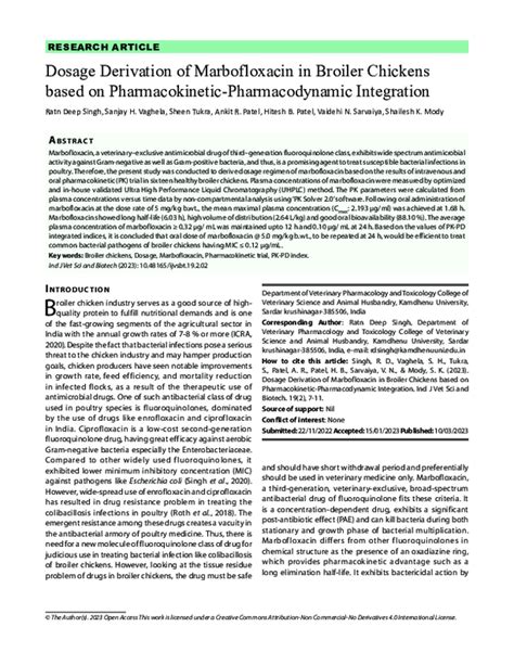 (PDF) Dosage Derivation of Marbofloxacin in Broiler Chickens based on Pharmacokinetic ...