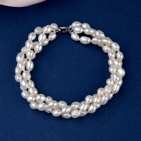 Rice 5-6 mm Freshwater White Pearl Three Strands Twisted Bridal Bracelet 925 Silver Clasp White ...